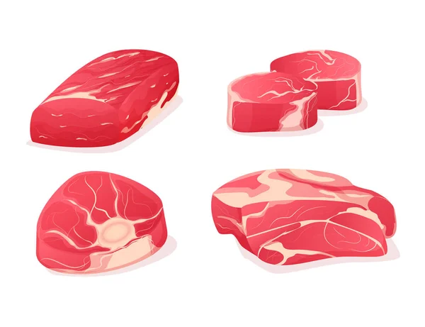 Frische Steaks, Fleischstücke aus dem Oberschenkel, Bauch, Filet ohne Knochen. — Stockvektor