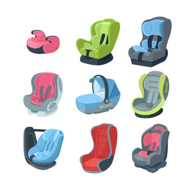 Set of child car seats, from newborns to adolescents. clipart