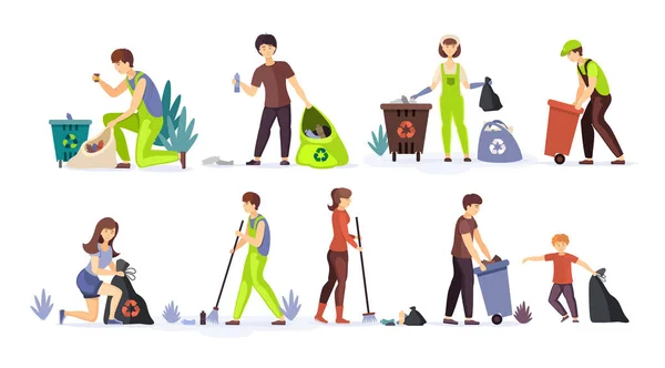 Lidé sbírají odpadky, plastový odpad k recyklaci. — Stockový vektor