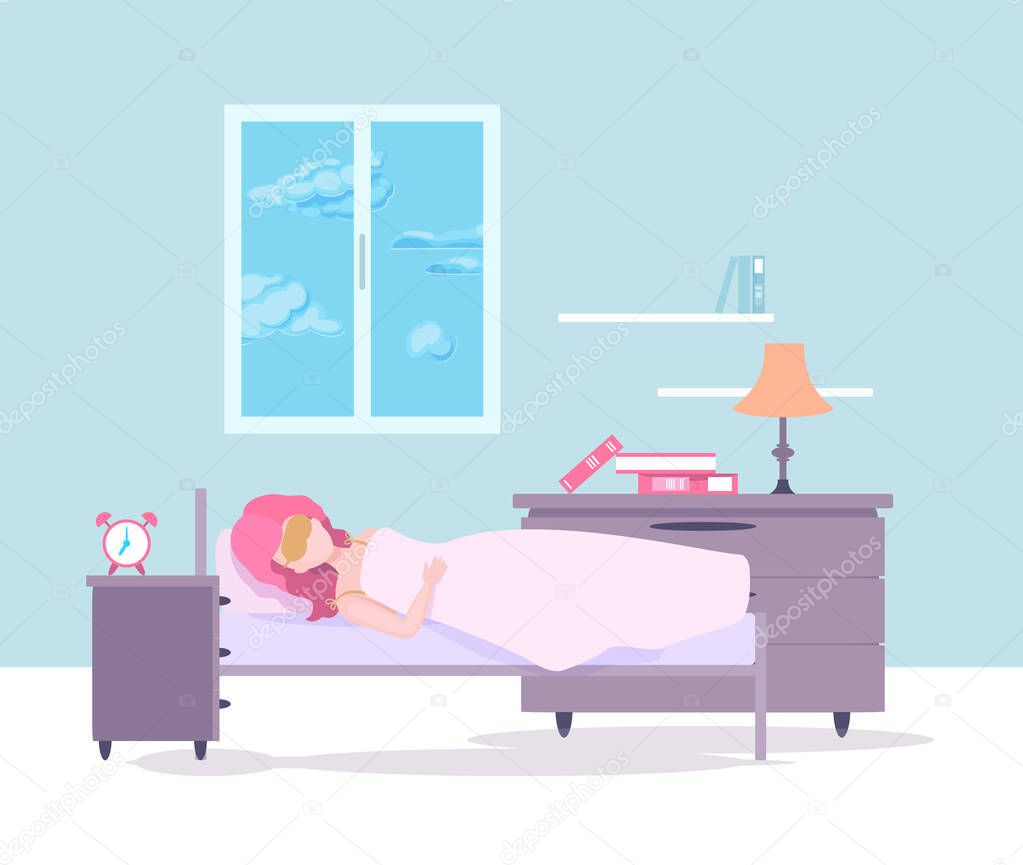 Woman sleeping in her bed. Lady sleep in his room.