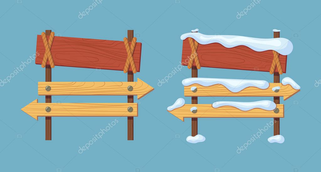 Wooden sign boards blank empty planks or signboards. Summer and winter road sign, pointers for information, advertising. Round, square, arrow shapes empty wooden for message illustration vector