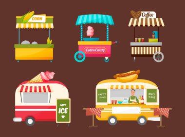 Sokak minibüsü, ticaret, fast-machine nakliye ürünleri yiyecekler, tezgahlı alışveriş kamyonu. Sokak gıda pazarı vektörü