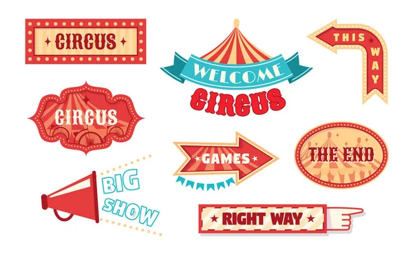 Цирк винтажные этикетки указатель и вывески. Шаблон логотипа для карнавала, эмблемы баннеров событий для развлечения . — стоковый вектор