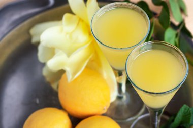 Limoncello limonlu, nane aromalı ve çelik tabakta sarı gül. Sicilya limonu aromalı ve ferahlatıcı. Üst görünüm.