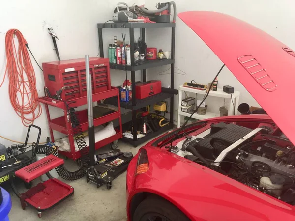 Home Garage Workshop Red Sports Car — Stock Photo, Image