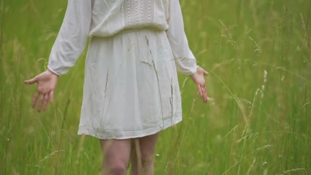 Mulher Simplesmente Vestida Sentindo Unidade Com Natureza Campo Trigo Mãos — Vídeo de Stock