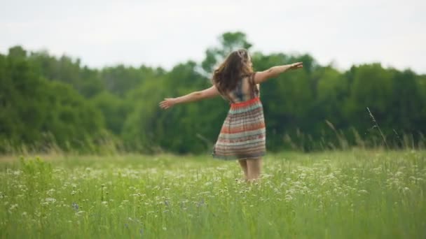 Dancing Woman Summer Field Female Barefoot Green Grass Dance Movements — Stock Video