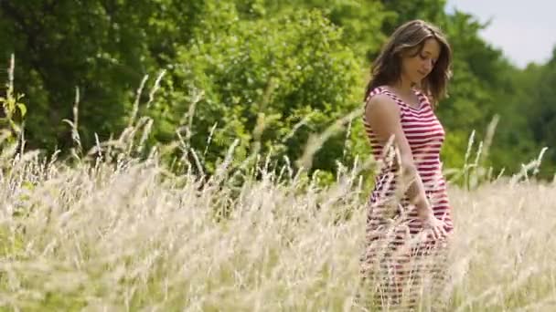 Mooie Vrouw Staat Het Veld Lange Gewassen Aanraken Strelen Van — Stockvideo