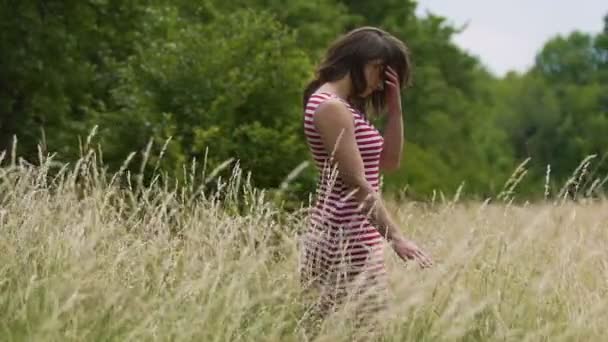 Lassú Mozgás Élvezi Élet Sárga Mezőben Őszi Ősszel Gyönyörű Hölgy — Stock videók