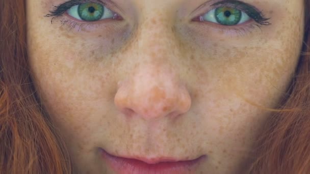 Beautiful Red Haired Girl Freckles Green Eyes Extreme Close Slow