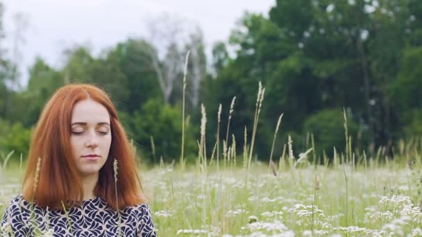 Eenheid Met Natuur Jonge Vrouw Zit Met Gesloten Ogen Mediteren — Stockvideo