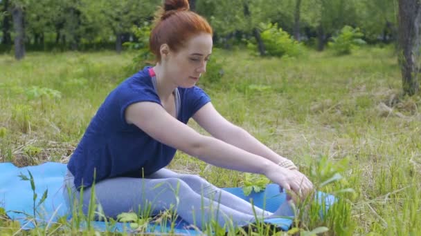 Jeune Femme Pratique Étirement Extérieur Femme Dans Parc Faire Yoga — Video