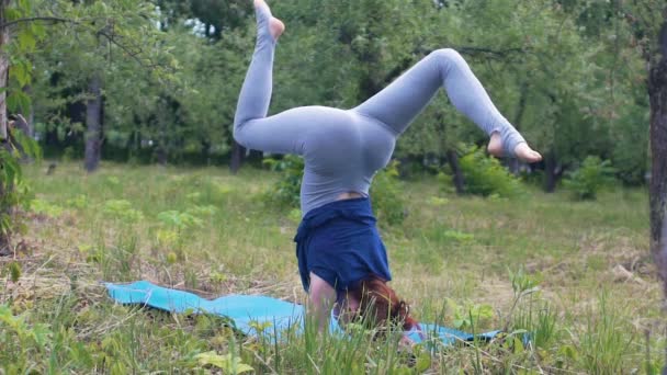 女性瑜伽士平衡站在手臂前 先进的体式 经历瑜伽 — 图库视频影像