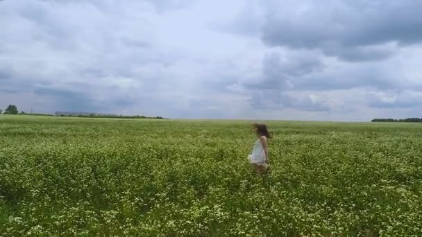 Женщина Флиртует Убегая Поле Белом Платье Воздушная Съемка Замедленной Съемки — стоковое видео