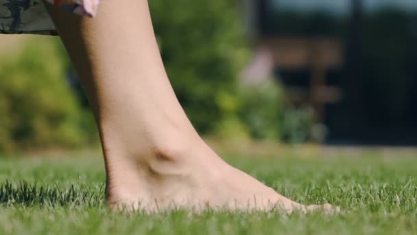 Woman Walks Green Grass Backyard Enjoys Contact Nature Oneness Senses — Stock Video