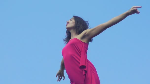 Relaxed Lady Red Dress Enjoying Life Eyes Closed Wind Blows — Stock Video