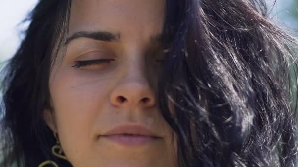 Woman Dark Hair Meditates Closed Eyes Outdoors Inner Temple Oneness — Stock Video