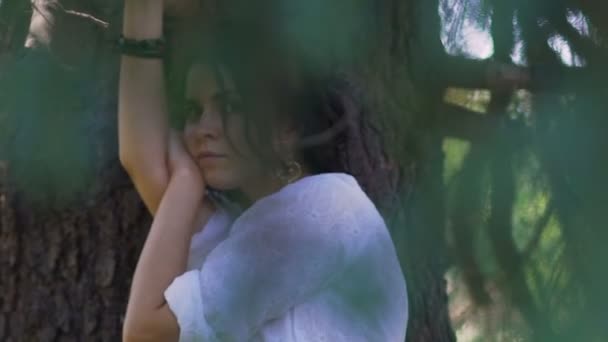 Pretty Woman Standing Tree Looking Camera Beautiful Female Slow Motion — Stock Video