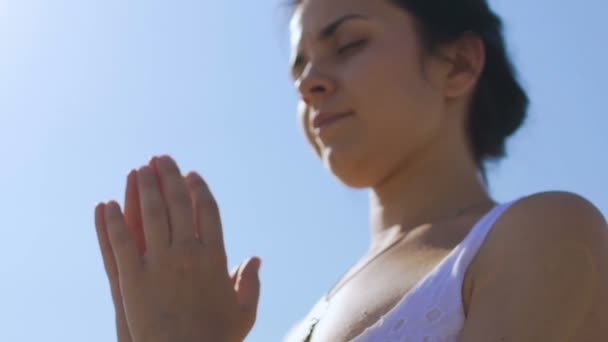 Gratificante Bela Mulher Mãos Namaste Pose Leitura Oração Deus Meditação — Vídeo de Stock
