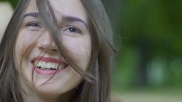 Happy Female Flips Hair Smiles Feels Happiness Enjoys Life Looks — Stock Video