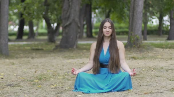 Schöne Frau Blauem Kleid Meditiert Freien Platz Für Anzeigentext Dolly — Stockvideo