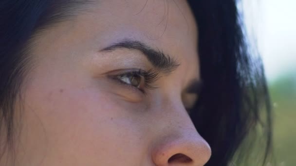 Красивая Женщина Глаза Открытом Воздухе Женщина Темными Волосами Карие Глаза — стоковое видео