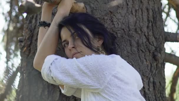 Sad Tired Woman Stands Tree Closing Eyes Feeling Nature Energy — Stock Video