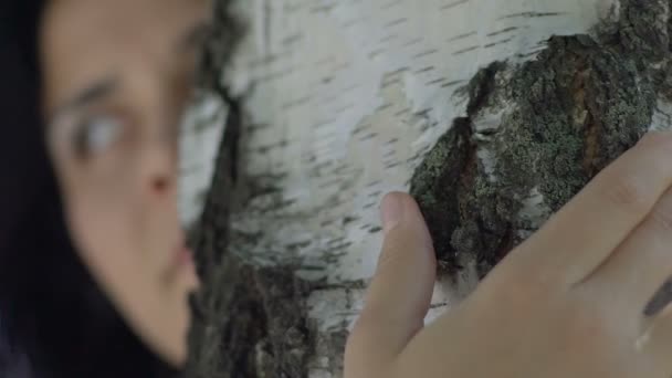 Mujer Abraza Árbol Parque Mujer Enamorada Naturaleza Sintiendo Energía Unidad — Vídeo de stock