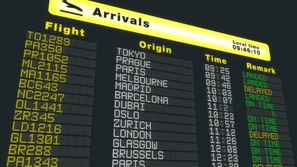 Tabela de chegadas do aeroporto cronograma, voos internacionais atualizar, cronometrar avião — Vídeo de Stock