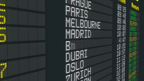 Надпись на таблице аэропорта вовремя, изменение расписания международных рейсов — стоковое видео