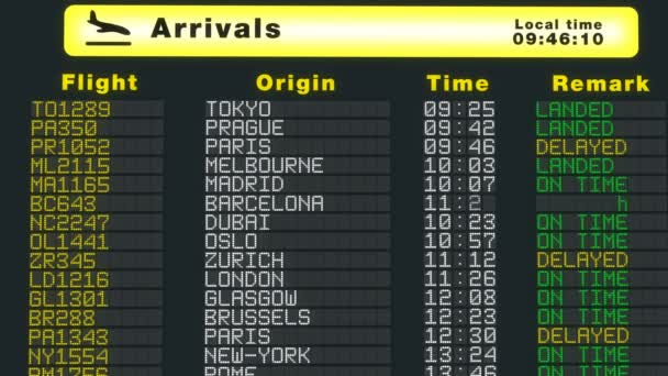 Calendario de llegadas a la mesa del aeropuerto internacional Actualización de pantalla plana — Vídeo de stock