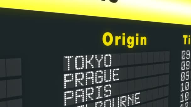 国际机场到达表标志，始发地城市时间表表计时 — 图库视频影像