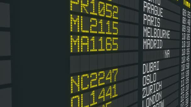 Mudança de status da mesa do aeroporto de embarque, horário de partidas de voos internacionais — Vídeo de Stock