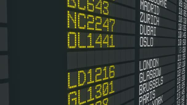 Cambio de estado de la mesa del aeropuerto, horario de salidas de vuelos internacionales — Vídeo de stock