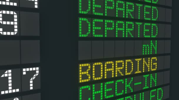 Изменение статуса стола последнего вызова аэропорта, расписание международных рейсов — стоковое видео