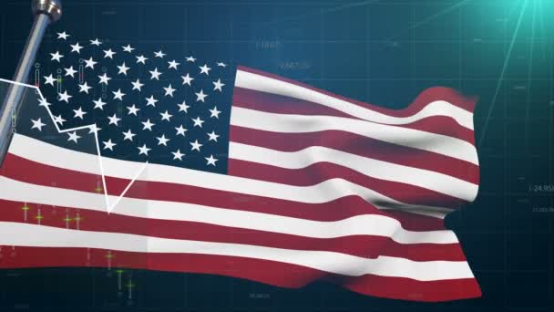 USA flag on stock market background, trade finances NYSE NASDAQ, dollar currency — Stok Video