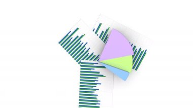 Üst görünüm iş mali pasta ve barlar, grafik büyür, gelir rakamları grafik