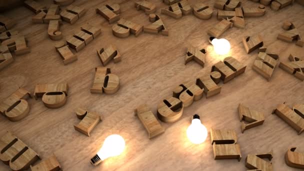 Learn word from wooden cubes, wood letters text string on table with light bulbs — Stock Video