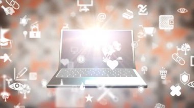 Dizüstü bilgisayardan uçan dijital simgeler, internet ile bilgisayar dünyası, parlayan ışık
