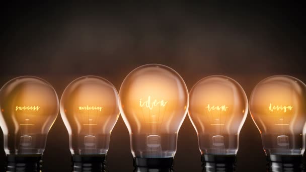 Žárovky mají představu o úspěchu marketingový tým a design, zářící elektrické osvětlení — Stock video