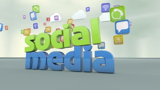 Mídia social sinal colorido ícones de fundo de gostos e tweets, letras de texto 3d — Vídeo de Stock