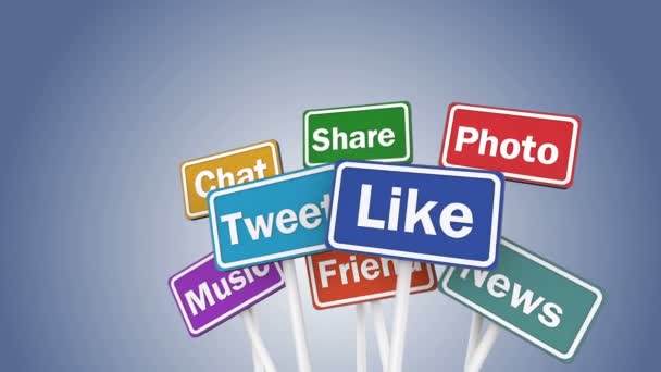 Social network terms on road signs, like tweet chat post on colorful plates — Stock Video