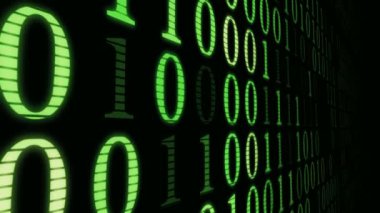 Makine kodu, matris numaraları, bilgisayar teknik süreci yeşil duvar boyunca taşıma