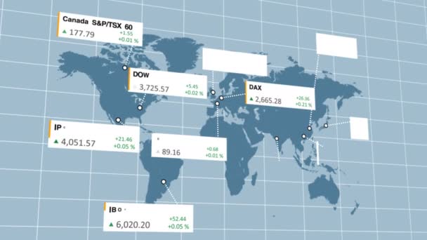 World Global aandelenmarkten openen en sluiten met huidige index en winst waarde — Stockvideo