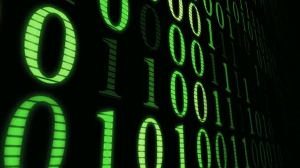 Código de máquina de parede verde, números matriz pisca computador processo fundo dolly — Vídeo de Stock