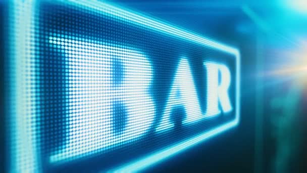 Bar Neon logga in natt öppnade lokal pub, LED-skärm lyser ljust, sena timmar — Stockvideo