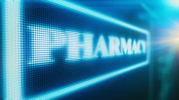 Cartel de neón de farmacia en farmacia abierta por la noche venta de medicina local pantalla de la tienda — Vídeo de stock