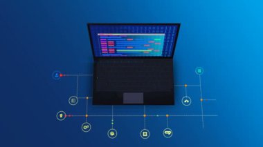 Modern teknoloji iş hayatı kullanımı için 3d üst görünüm dizüstü bilgisayar sosyal medya ağı