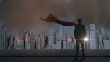 Cityscape arka planda flaş yıldırım ve fırtına ile İşadamı silueti