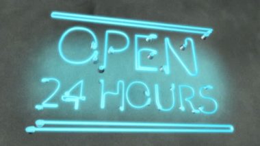Neon işareti Açık kafe bar restoranda 24 saat, çalışma akşam gece yerel pub
